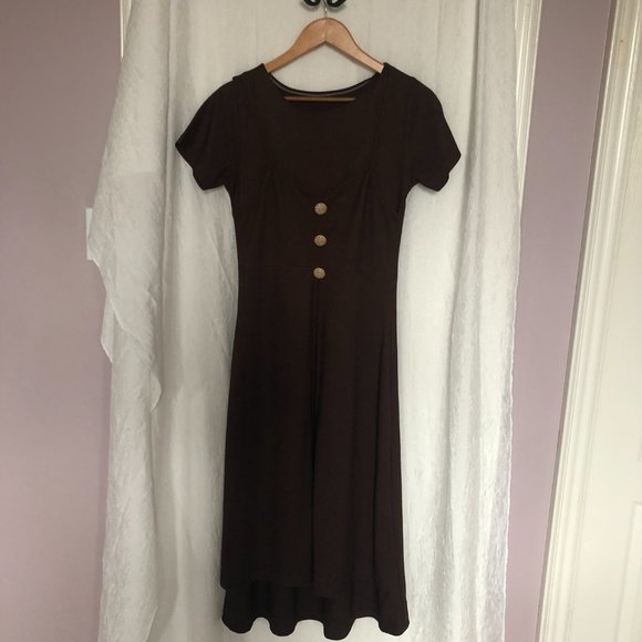 Vintage 70s Brown Ribbed Button Down Midi Dress with Decorative Ribbed Buttons - Picture 3 of 11